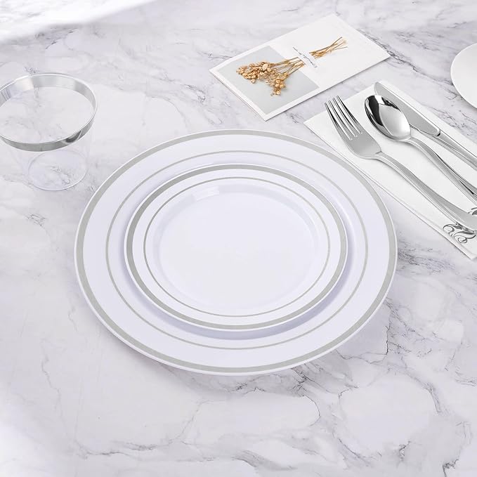BESTVIP 50PCS Silver Plastic Plates, 10.25 Inch Disposable Dinner Plate Party with Silver Rim, Heavy Duty Disposable Plastic Plates for Christmas, Thanksgiving, Party, Wedding and Birthday