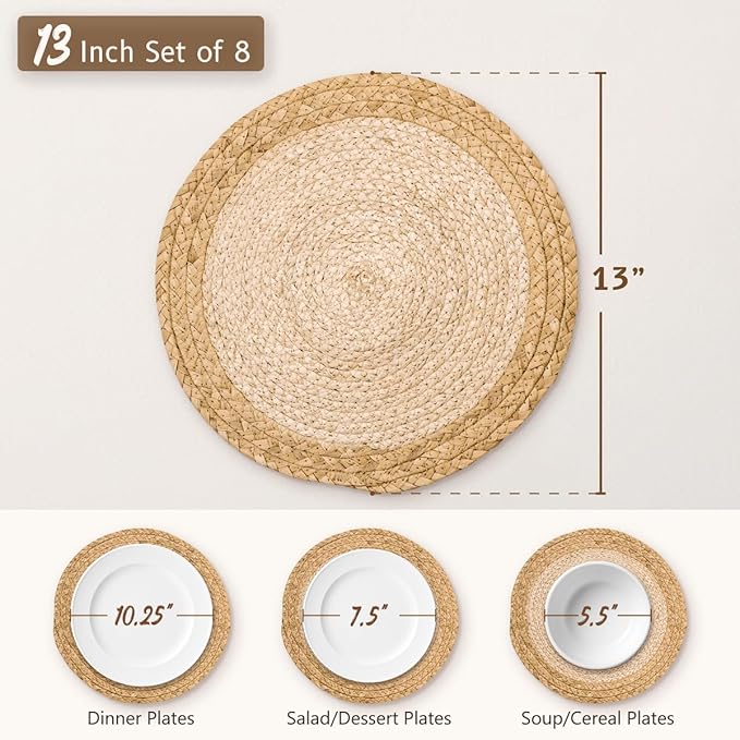 13 in Woven Placemats Plate Chargers Set of 8, Boho Farmhouse Rustic Round Place Mats for Dinner Plates, Rattan Wicker Table Mats Chargers for Dining Table Decor