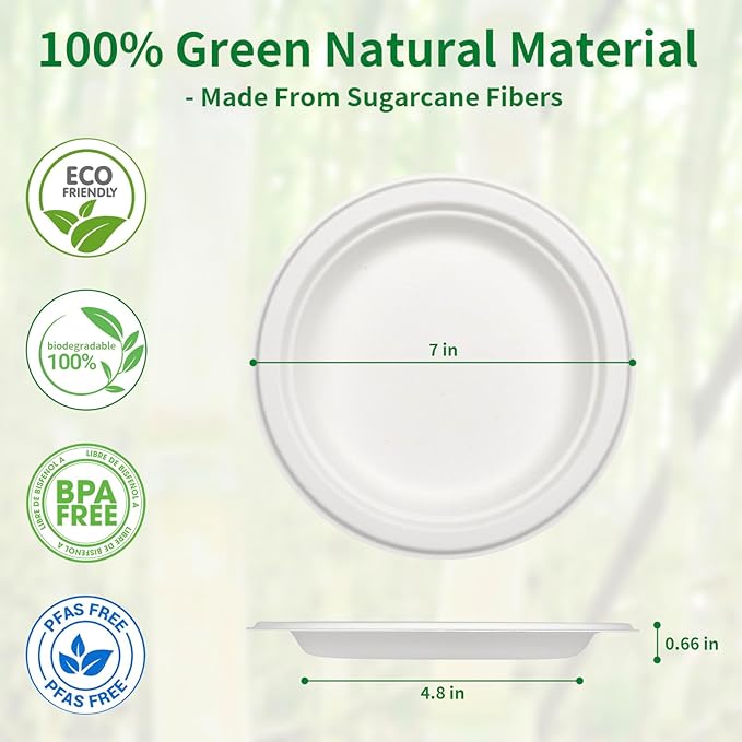 Aricsen 150 Pack 7 Inch Compostable Disposable Round Paper Plates, Natural White Biodegradable Sugarcane Bagasse PFAS-Free Eco-Friendly Dinner Plates for Party Wedding Picnic BBQ (150, 7 INCH)