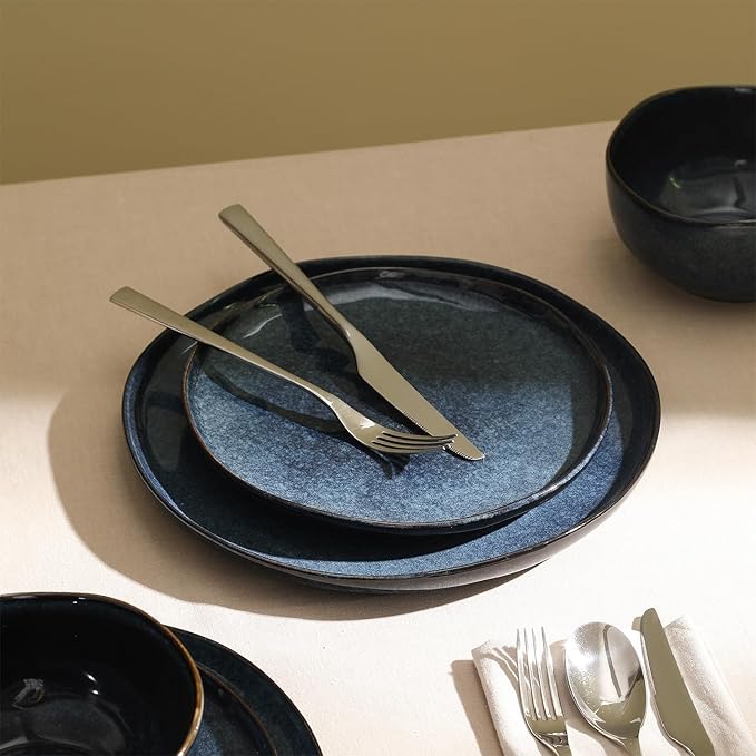 Stone + Lain Mirella 12-Piece Stoneware Dinnerware Set, Service for 4, Reactive Glaze, Deep Blue – Includes Dinner Plates, Salad Plates, and Bowls – Modern Artisanal Design