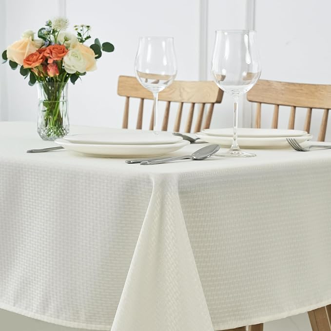 maxmill Rectangle Tablecloth Weaved Pattern Waterproof Spillproof Wrinkle Free Table Cloth, Kitchen Dining Tabletop Decoration, Fabric Table Cover for Holiday Parties, 52 x 108 Inch, Ivory