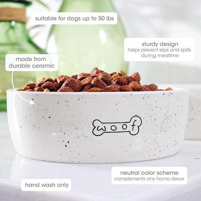 Pearhead Ceramic Pet Bowl 3-Cup Capacity Durable Speckled Dish with Woof Graphic Food Water Feeder for Small Medium Dogs