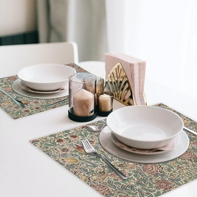 William Morris Placemat Set, Beige Blue Pink Vintage Rustic Art Exotic Ethnic Floral Bird Seamless Pattern Home Decor Linen Table Mats for Dining Room Kitchen Party (17x12in) x6P