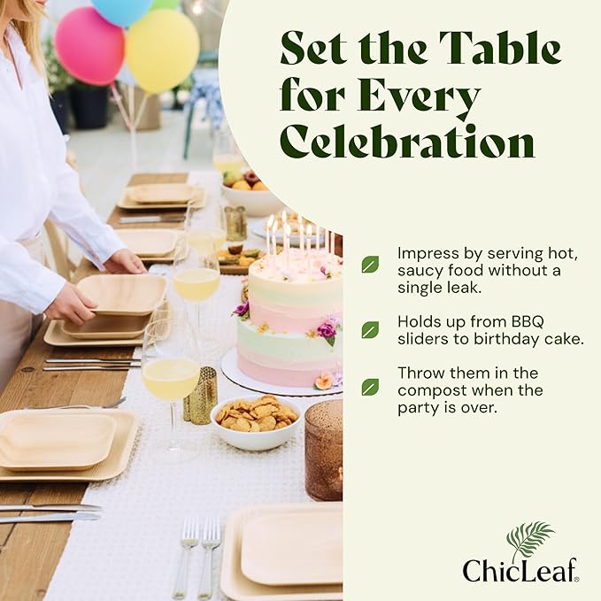 Chic Leaf Palm Leaf Disposable Bamboo Plates – Square, Biodegradable & Compostable Party Plates for Weddings, Parties & Events, Romantic Table for Valentine's Day Dinner (10", 20 Pack)