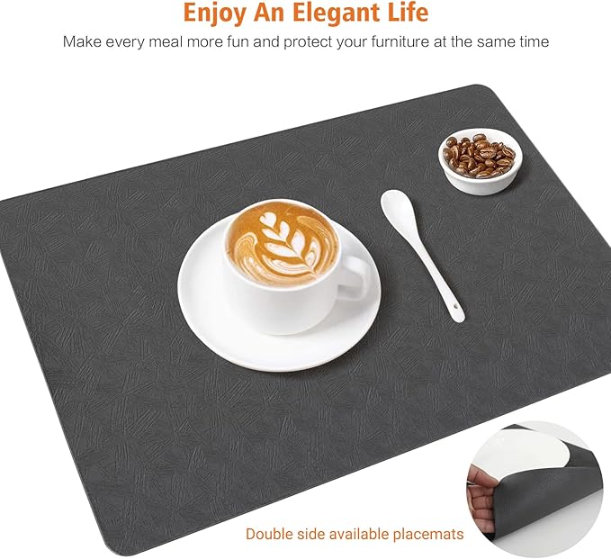 Vinyl Placemats Set of 6 Heat Resistant Easy Clean Non-Slip Place Mats for Dining Table Faux Leather Waterproof Stain Resistant Wipeable Washable PVC Table Mats(6, Gray)