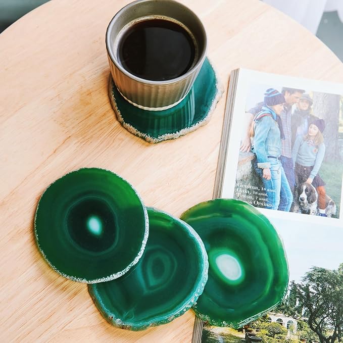 Luxury Lane Set of 4 Large Natural Brazilian Agate Slice Geode Rock Stone Drink Coasters with Wood Holder 4.3-4.7 inch Centerpiece Table Decoration, Emerald Green