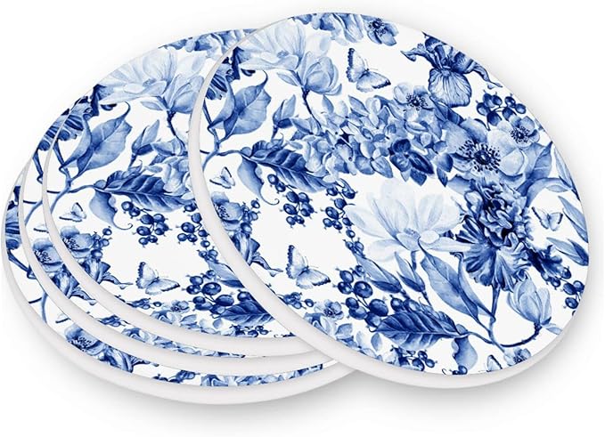 Coasters for Drinks Cup Coaster for Coffee Table Desk Round Cup Mat Cork Backing Home Decor Blue White Flowers Butterfly