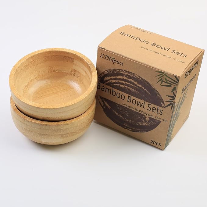 Soup Bowls Set of 2 for Dessert/Cereal/Pasta/Fruit | Natural Bamboo Serving Bowls for Nuts/Candy/Snacks/Pistachio | Charcuterie Accessories for Dipping/Condiments/Sauce | 8.45 oz Capacity