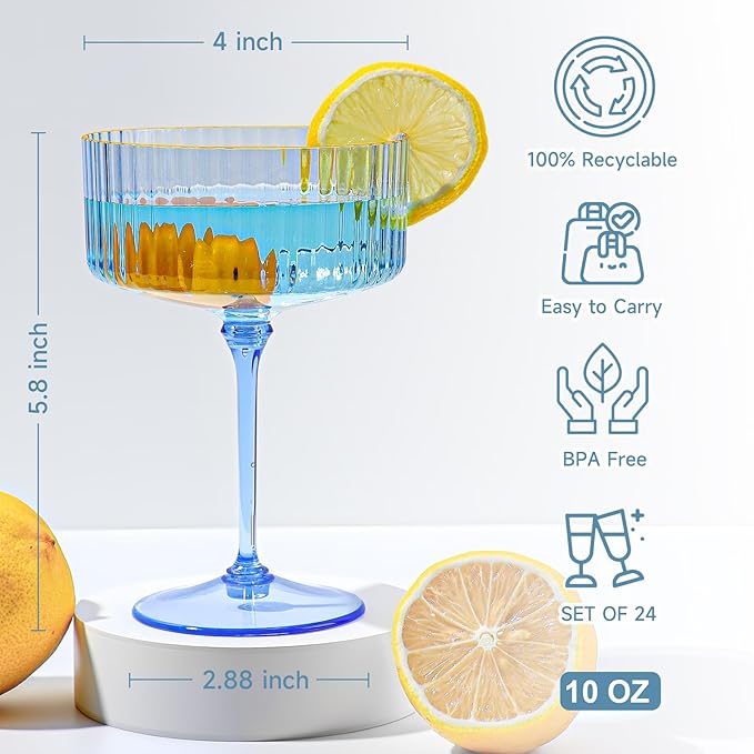 XUWAIDSGN 24 Pcs Champagne Martini Glasses 9 Oz with Gilded Removable Gold Rim Coupe Glasses Pink Martini Glasses Plastic Mimosa Vintage Coupe Glasses Set For Wedding Anniversary (24, Clear Blue)