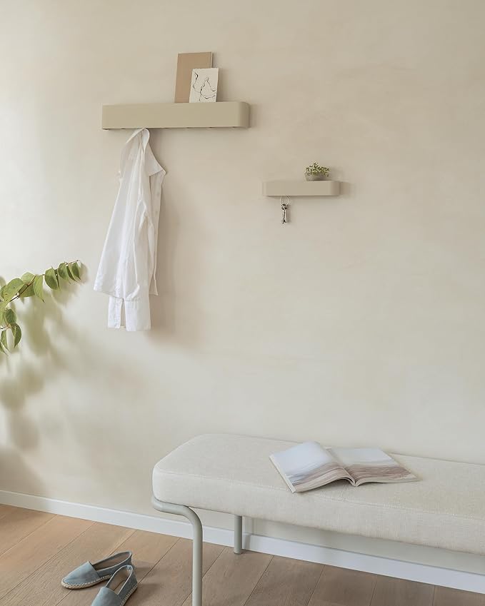 Kazai.® Coat Rack Wall Mount with Shelf 'Tone' | Modern Design Coat Hanger with Hidden Hooks and Storage | Hat Rack with Shelf in Metal | Wall-Mounted Purse Organizer | Taupe