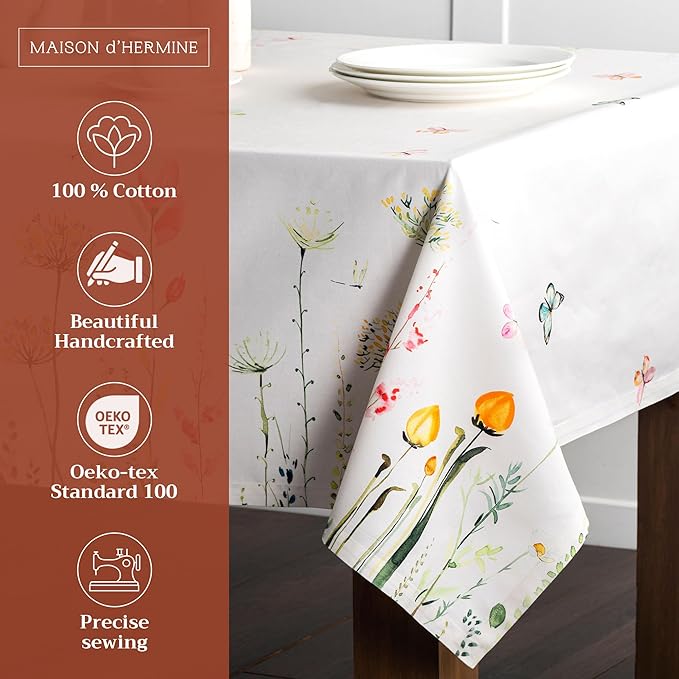 Maison d' Hermine Table Cloth Rectangle Table 100% Cotton 70 x 90 Inches Tablecloth Reusable Decorative for Dining Room Farmhouse Home Valentines Day Decorations Spring Summer - Botanical Fresh