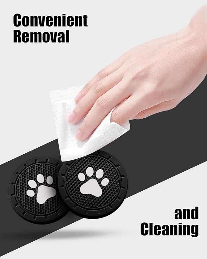 4 Pack Car Cup Coasters, Universal Dog Paw Print Non-Slip Silicone Cup Holder Inserts, Car Interior Accessories, Black