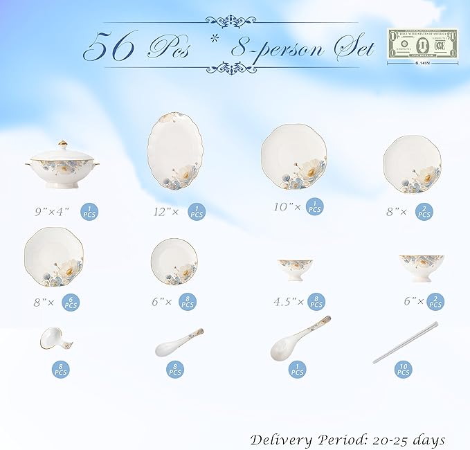 Fine Bone China Dinnerware Set,Porcelain&Ceramic Dinnerware Sets,Bone Stoneware & Ceramic Cookware Tableware Set Includes Dinner Plates|Spoons|Pasta Bowls|Soup Pot|Chopsticks (56 PCS)