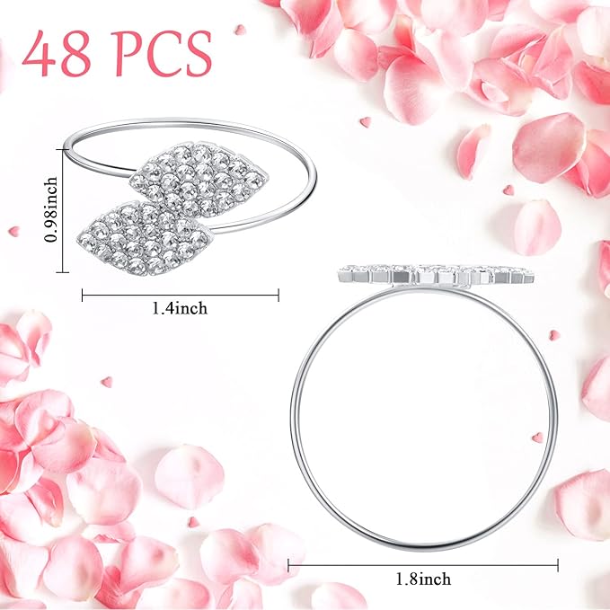 Hotop 48 Pcs Silver Holiday Napkin Rings Set Silver Bling Winter Napkin Rings Bulk Metal Leaves Holders Rhinestone Buckle for Wedding Christmas Dinner Gather Party Prom Table Decoration