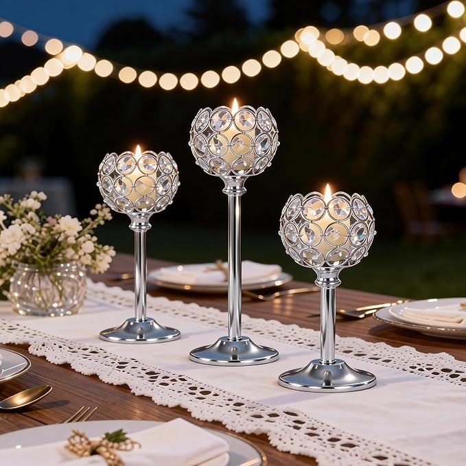 Crystal Metal Tealight Candlestick, Bling Bowl Candelabras, Tall Crystal Candle Holders Elegant Candle Centerpiece for Dining Table Wedding Home Mantel Decor (Silver, 2 Sets(6 Pcs))