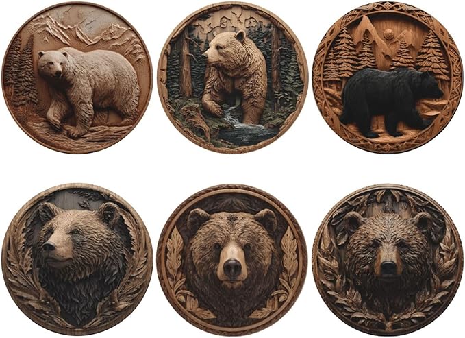 Bear Coasters for Drinks with Holder Round Leather Coasters Set of 6 Cups Mugs Mat Pad for Home Kitchen Bar