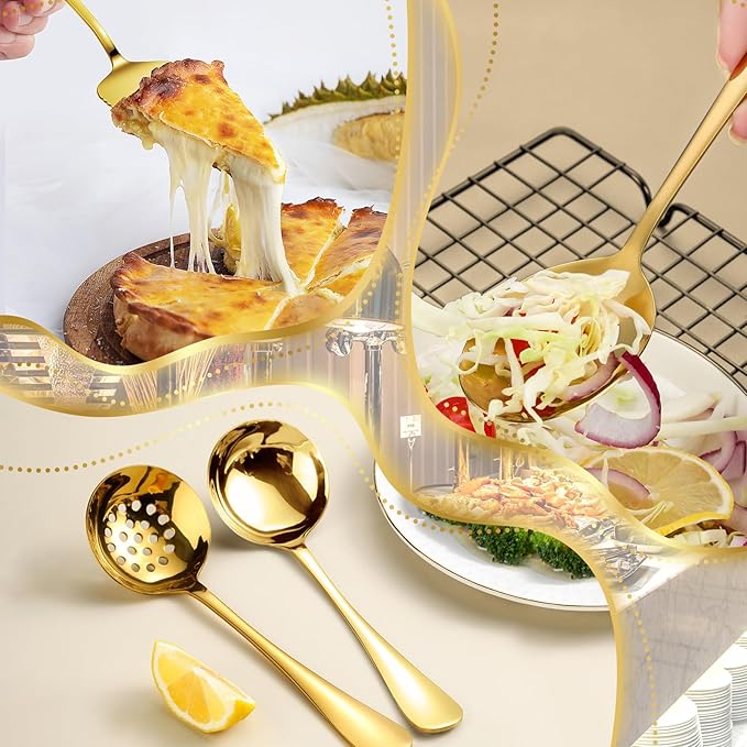 32Pcs Serving Utensils Set Serving Spoons, Buffet Tongs, Cake Spatula, Forks, Perforated Ladles, Soup Scoops, Skimmers and Black Heavy-Duty Serving Tongs (GOLD)
