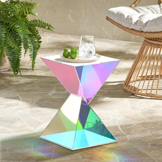 BECHAEO 12.6" Iridescent Acrylic Side Table, Small End Tables for Small Spaces, Modern Acrylic End Tables Living Room Nightstand with Irregular, Lightweight Farmhouse Outdoor Side Tables for Patio