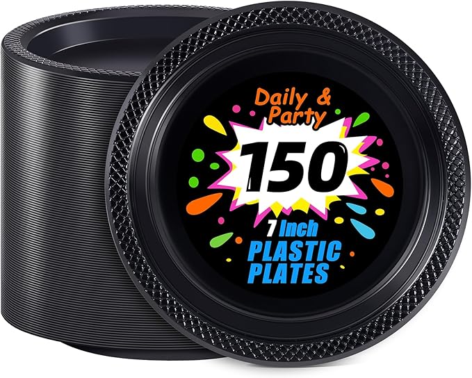 WELLIFE 7 Inch Black Dessert Plates 150 Count, Disposable Plastic Dessert Plates for Party Cake Appetizers Salad Picnic BBQ Easter