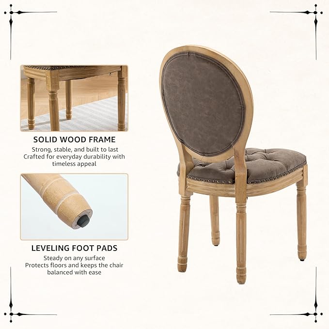 Vintage French Dining Chairs Set of 2, Round Back PU Leather Upholstered Accent Chairs with Nailhead Trim and Solid Wood Frame, Farmhouse Sillas de Comedor for Dining Room & Kitchen, Distressed Brown