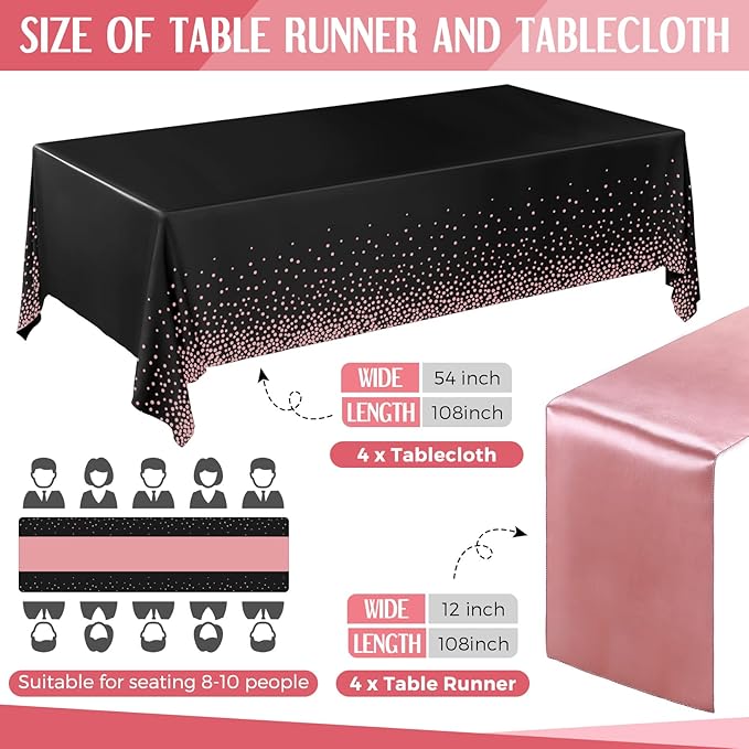 Breling 8 Pack Black and Rose Gold Disposable Plastic Tablecloths and Satin Table Runner Set, 54 x 108 Inch Tablecloth, 12 x 108 Inch Table Runners for Wedding Graduation Birthday Baby Shower New Year