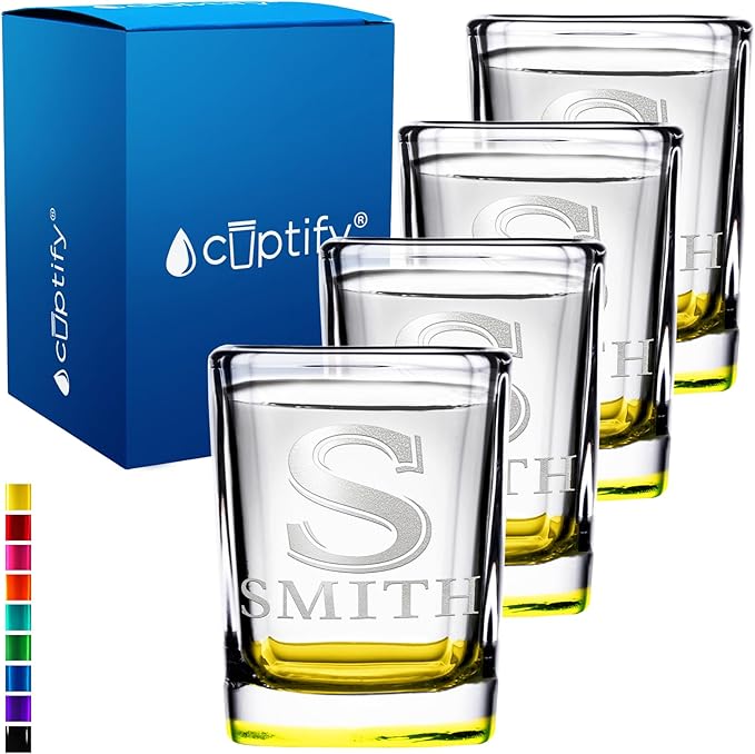 Personalized Shot Glasses Set of 4 Initial and Name 2oz Yellow Bottom Etched Square Shot Glass Engraved with Custom Text Birthday Gift for Men and Women