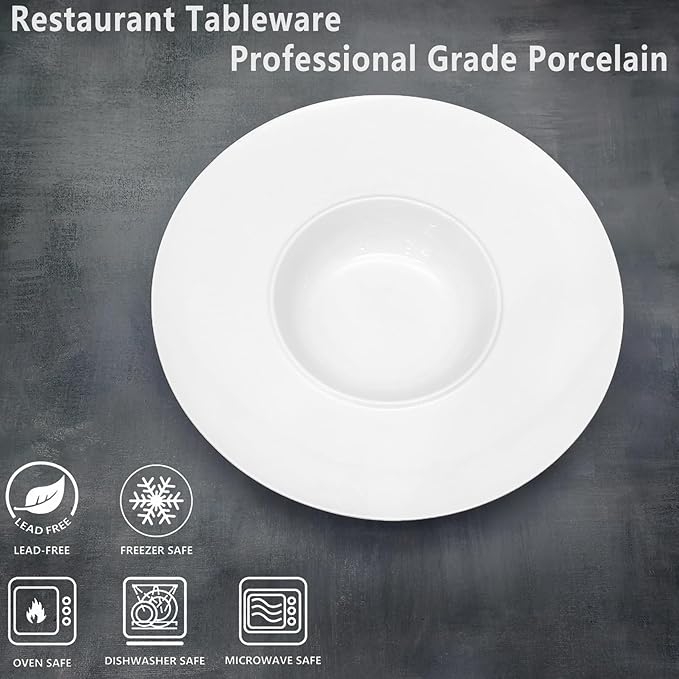 Ceramics Rimmed Soup Bowls 8.8 oz, White 11.6 inch Exquisite small soup plate Set of 4, Pasta plates With Rim is the best choice for hotels, kitchens, fine restaurants and gourmets