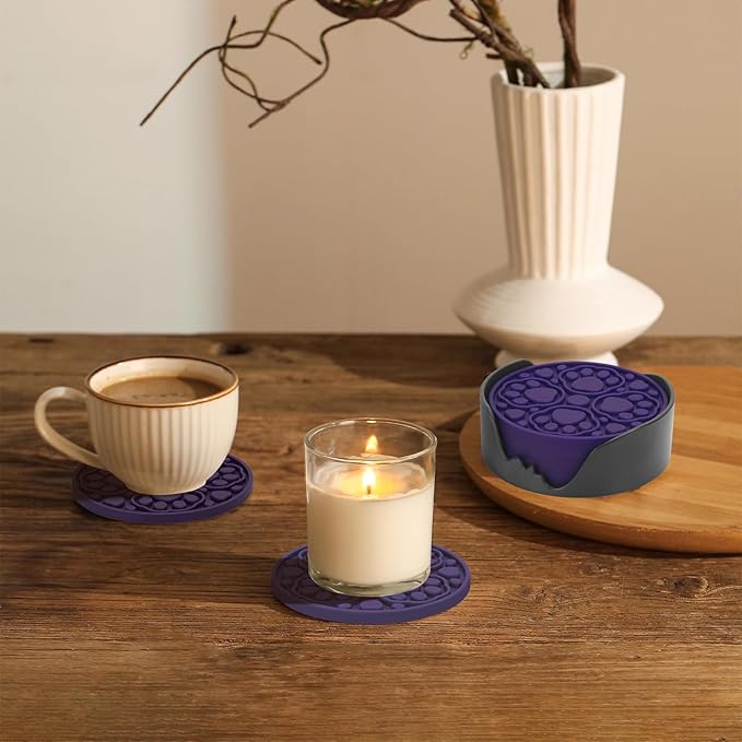 6 Pack Purple Silicone Coffee Coasters with Holder, 4 Inches Non-Slip Decorative Round Coaster for Tabletop, Desk Dishwasher Safe Cup Mat for Bar, Drinks, Beer