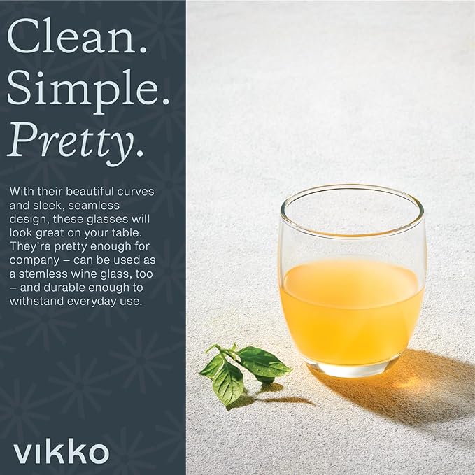 Vikko Mini 7 Ounce Drinking Glasses, 2.9” Diameter x 3.2” Thick and Durable Glass, For Water, Juice, Soda, or Wine, Dishwasher Safe, Set of 6 Small Clear Glass Tumblers