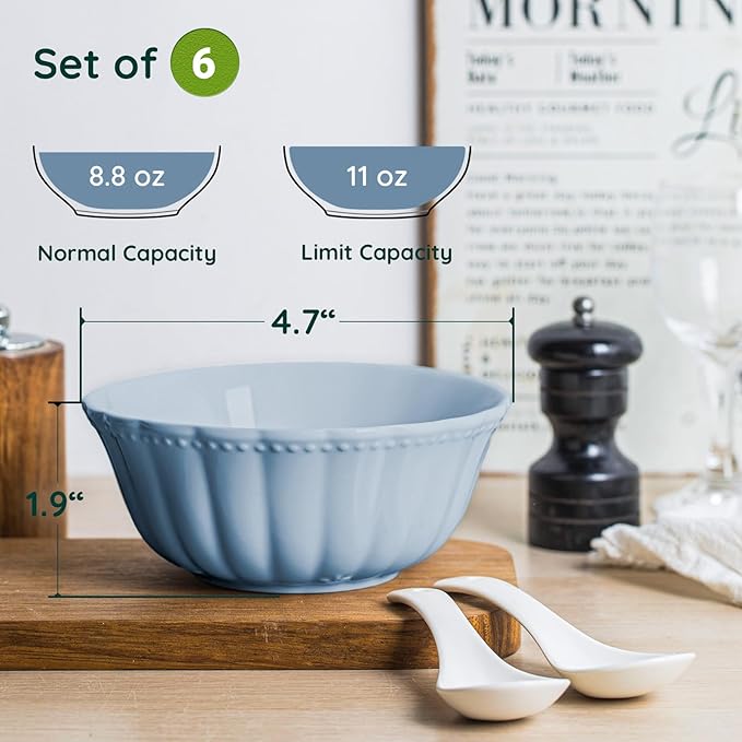 HOMBENE Blue Porcelain Fruit Bowls, 4.7 Inch Serving Bowls,Ice Cream Bowl, Kitchen Bowl Set, Microwave and Dishwasher Safe, Set of 6