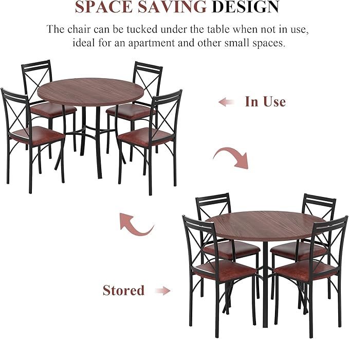 VECELO 5 Piece Dining Table Set for 4, Wood Grain Dinette with Chairs for Kitchen, Breakfast Nook, Small Space, Dark Brown