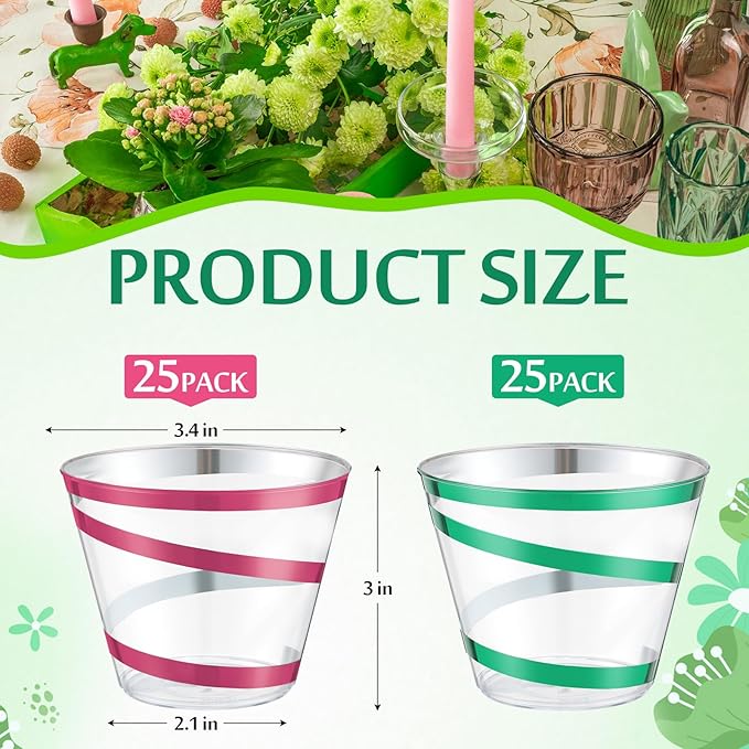 Gejoy 9 oz Rimmed Swirl Plastic Cups Disposable Wine Drinking Cups Clear Elegant Halloween Tumblers for Christmas Party Supplies(Pink, Green,50 Pcs)