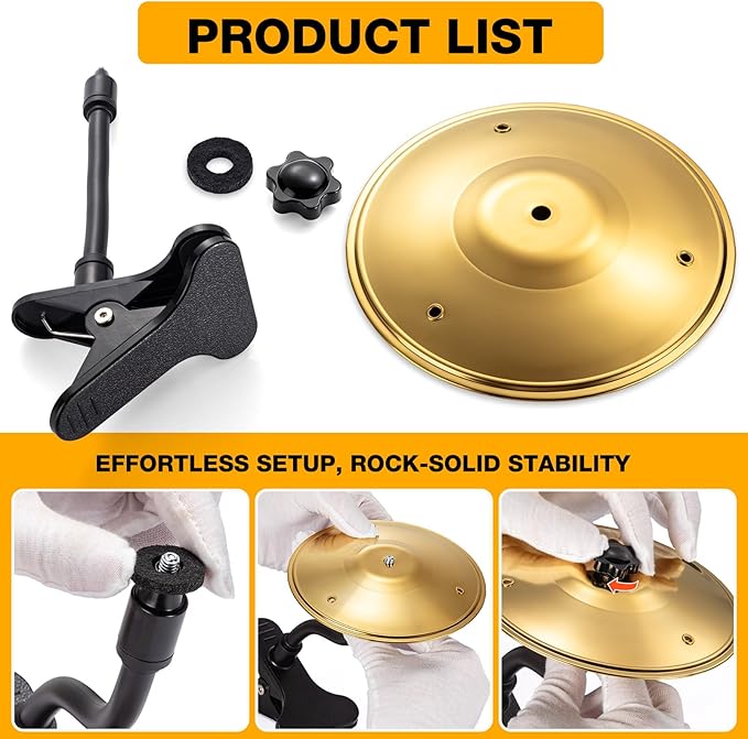 2PCS Desktop Cymbal, Desk Symbol Drum, Easy Clip-On Mini Cymbals for Drumer Music Lovers, Relief Your Working & Studying Stress, Fun Desk Accessory for All Type of Desks, Easy Installations - Gold