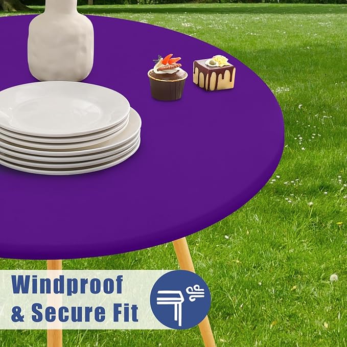 Round Spandex Tablecloth, Elastic Fitted Waterproof Tablecloths for 36"-44" Tables, Stretch Washable Picnic Table Cover for Camping, Dining, Indoor and Outdoor, Purple