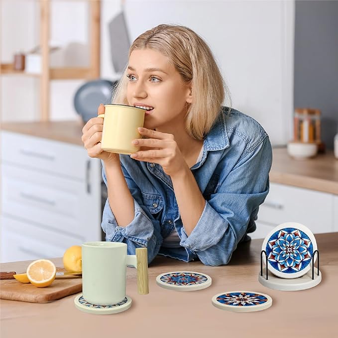 Mandala Non-Slip Silicone Coasters, 4-Pack Double-Sided Absorbent Cup Mats for Hot & Cold Drinks, Scratch & Water Ring Protection for Wood Tables, Home Office Bar Use (6PC Wanda La)