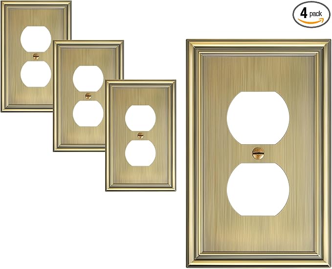 4-Pack Duplex Outlet Covers, Decorative Wall Plates for Electrical Outlets, Antique Brass Switch Plates and Outlet Covers, Durable Zinc Alloy Receptacle Cover, Corrosion Resistant