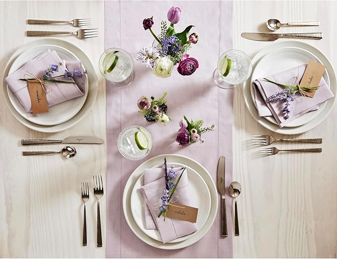 Solino Home Linen Table Runner 48 Inches - 100% Pure Linen Lilac Hemstitch Table Runner 14 x 48 Inch Ideal for Dresser and Coffee Tables, Valentines, Spring, Easter - Classic Hemstitch