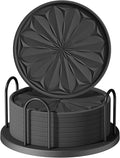 Coasters Set of 8 for Drinks with Holder, 4" Large Silicone Coasters for Coffee Table, Deep Tray Non-Slip Drink Coasters for Table Protection, Heat Resistant & Dishwasher Safe, Black