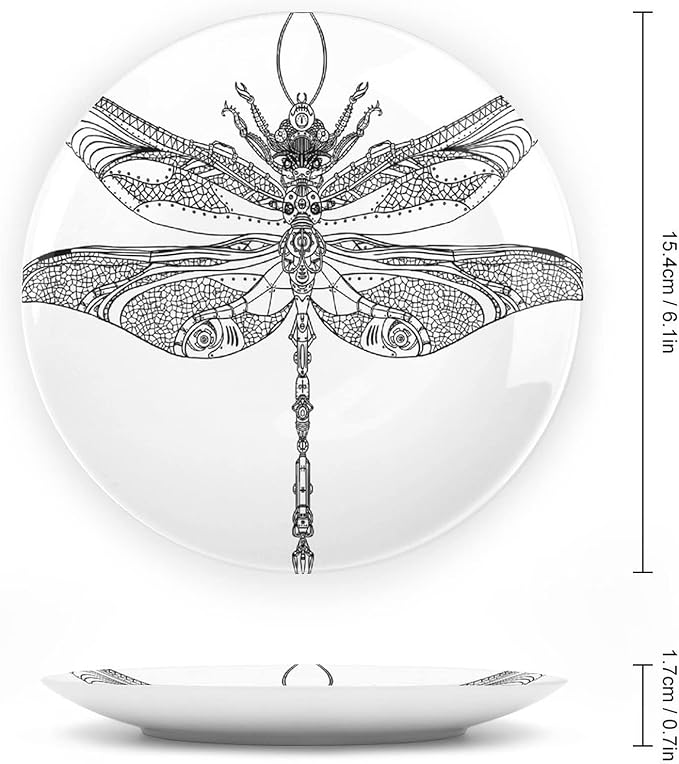 Ceramic Display Plate, Abstract Ceramic Hanging Decorative Plate, Animal Steampunk Dragonfly Pattern, 6 Inch, Household Custom Ceramic Plate, Black White