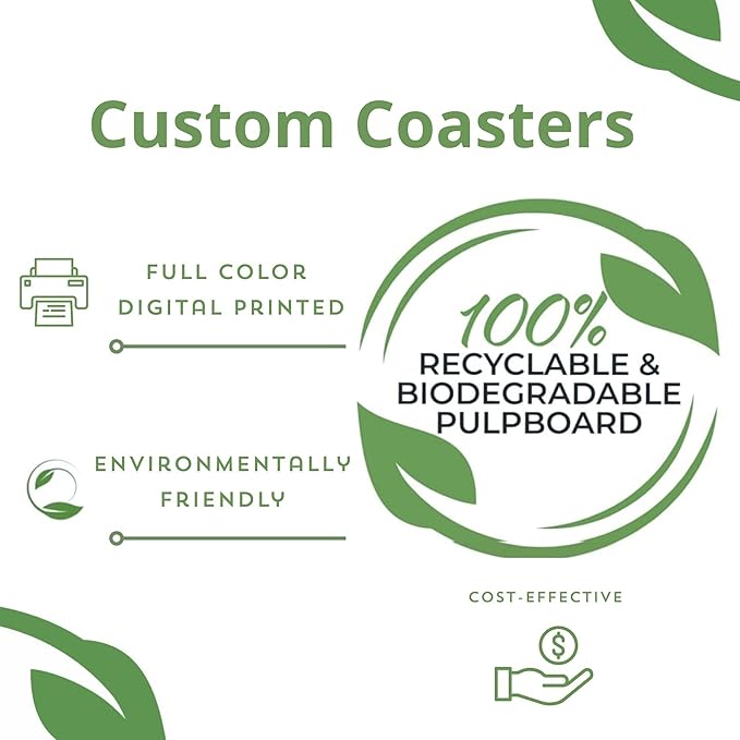 B.E. Green Custom Coasters - Pulpboard Personalized Coasters for Drinks - Full Color Print - Reusable & Absorbent - Beverage Coaster - Promotional Events & Celebrations - Pack of 50-4" Round Coaster