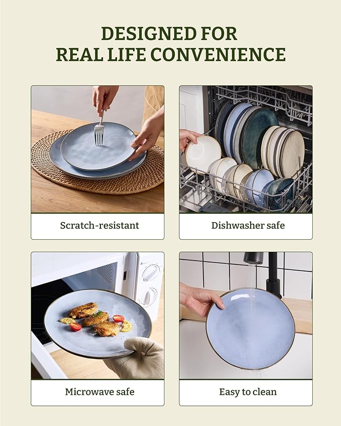 Famiware Dinnerware Sets for 4, Ocean Round 12-Piece Kitchen Plates and Bowls Sets, Reactive Glaze, Microwave and Dishwasher Safe, Scratch Resistant, Blue