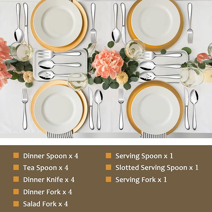 23-Piece Heavy Duty Silverware Set for 4, LIANYU Stainless Steel Flatware Set with Serving Utensils, Thick Cutlery Eating Utensils Include Fork Knife Spoon, Mirror Finished, Dishwasher Safe