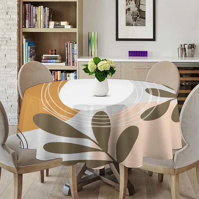 Boho Mid Century Round Tablecloth, Bohemian Abstract Modern Leaves Tablecloth for Home Party Dining Room Kitchen Decor 50Inch(127cm)