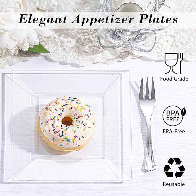 supernal 200pcs Clear Dessert Plates with Silver Dessert Fork, Clear Square Plates, Appetizer Plates,Silver Plastic Silverware, Perfect Choice for Wedding and Party