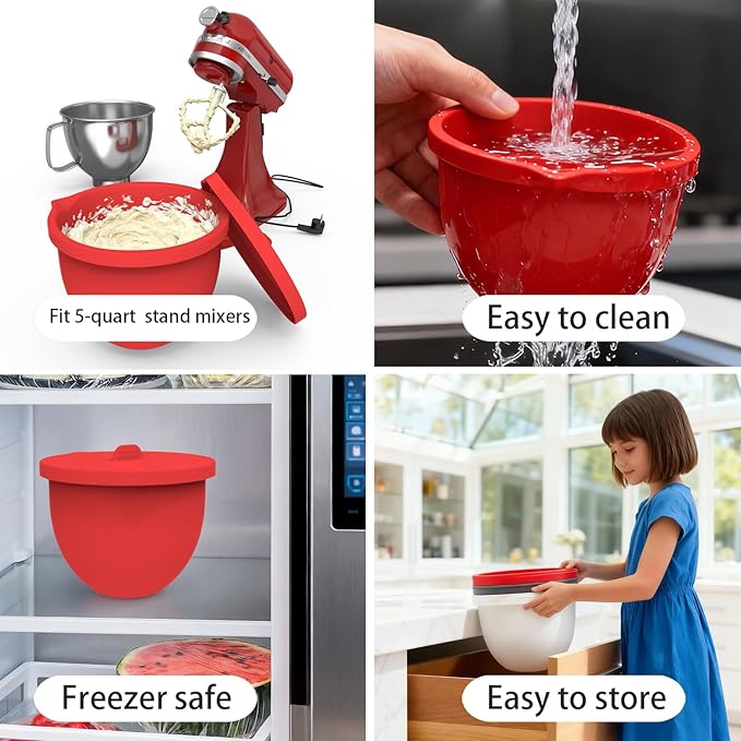 Saphe Silicone bowl Liners for KitchenAid 5 Quart Stand Mixer - Stand Mixer parts & Accessories, 3 packs mixaid silicone Liners with Lids (red+gray+white)