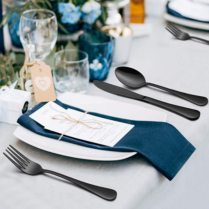 LIANYU 46-Piece Black Silverware Flatware Set for 8, Stainless Steel Flatware with Serving Utensils, Elegant Cutlery Tableware Includes Forks Spoons Knives, Mirror Polished