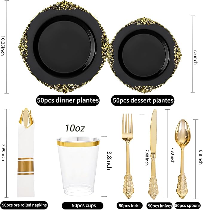 Hioasis 350pcs Black and Gold Plates - Black Party Plates for 50 Guest, Include 100 Heavy-duty Plates(20% Thicker Than Standard), 50 Pre Rolled Gold Plastic Silverware Set, 50 Cups