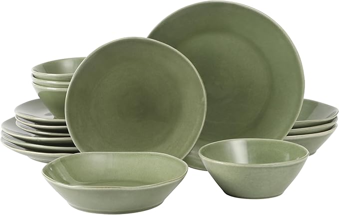 Bloomhouse - Two Time Oprah's Favorite Things Winner - Montecito Breeze 16 Piece (Service for 4) Double Plates and Bowls Stoneware Reactive Glaze Dinnerware Set - Cyprus Green