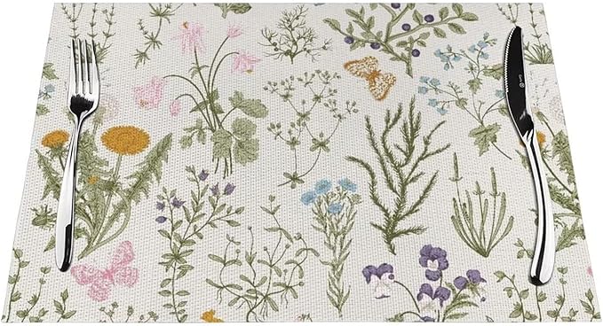 Placemats Set of 4 Vintage Wildflower Herbs Floral Rustic Butterfly Place Mats Floral Woven Table Mats Washable PVC Placemat for Dining Kitchen Decor Indoor Outdoor, 12 x 18 Inch
