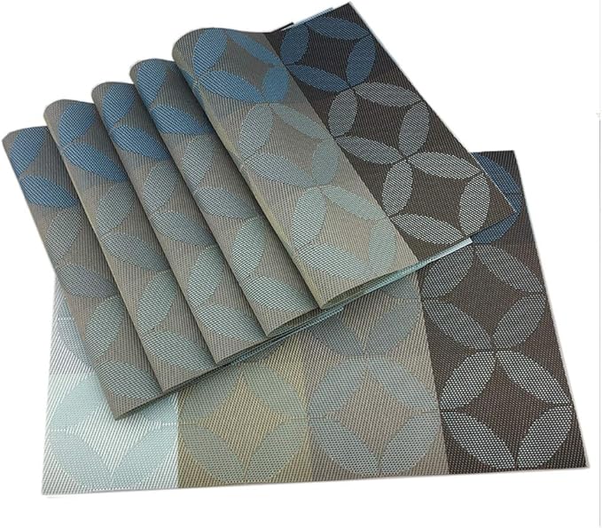 Gugrida Heat-Resistant, Stain Resistant Anti-Skid PVC Woven Vinyl Placemats - Non-Slip Kitchen Table Mats Set of 6 (30x45 cm, Blue)